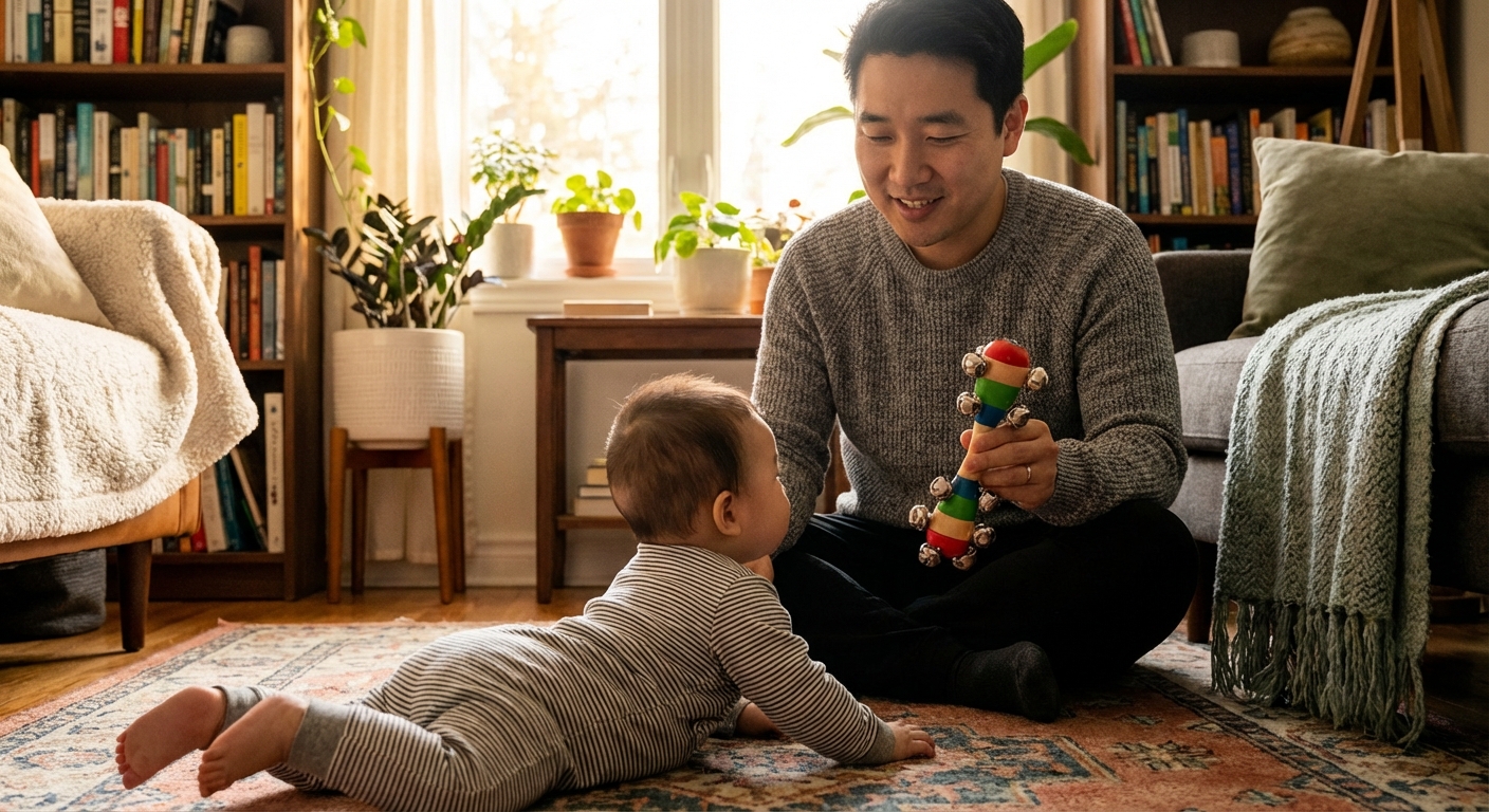 아빠가 장난감으로 아기의 고개 돌리기를 유도하는 모습