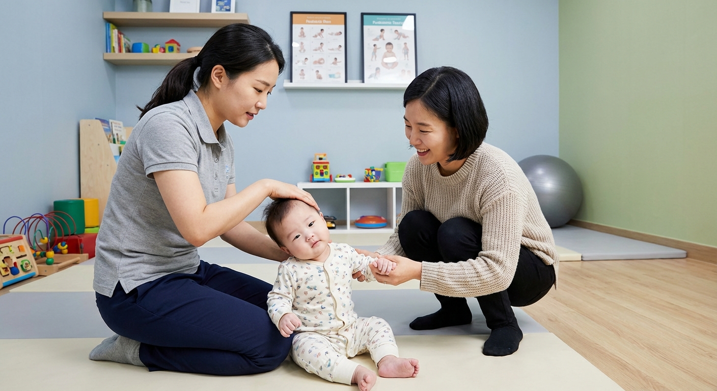 물리치료사가 아기에게 스트레칭을 하는 모습
