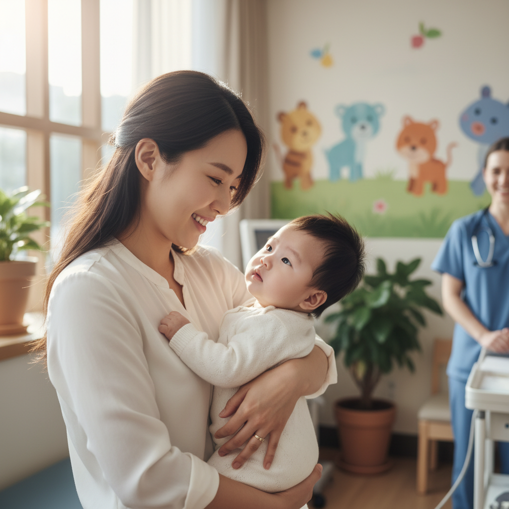 사경 증상을 확인하는 엄마와 아기