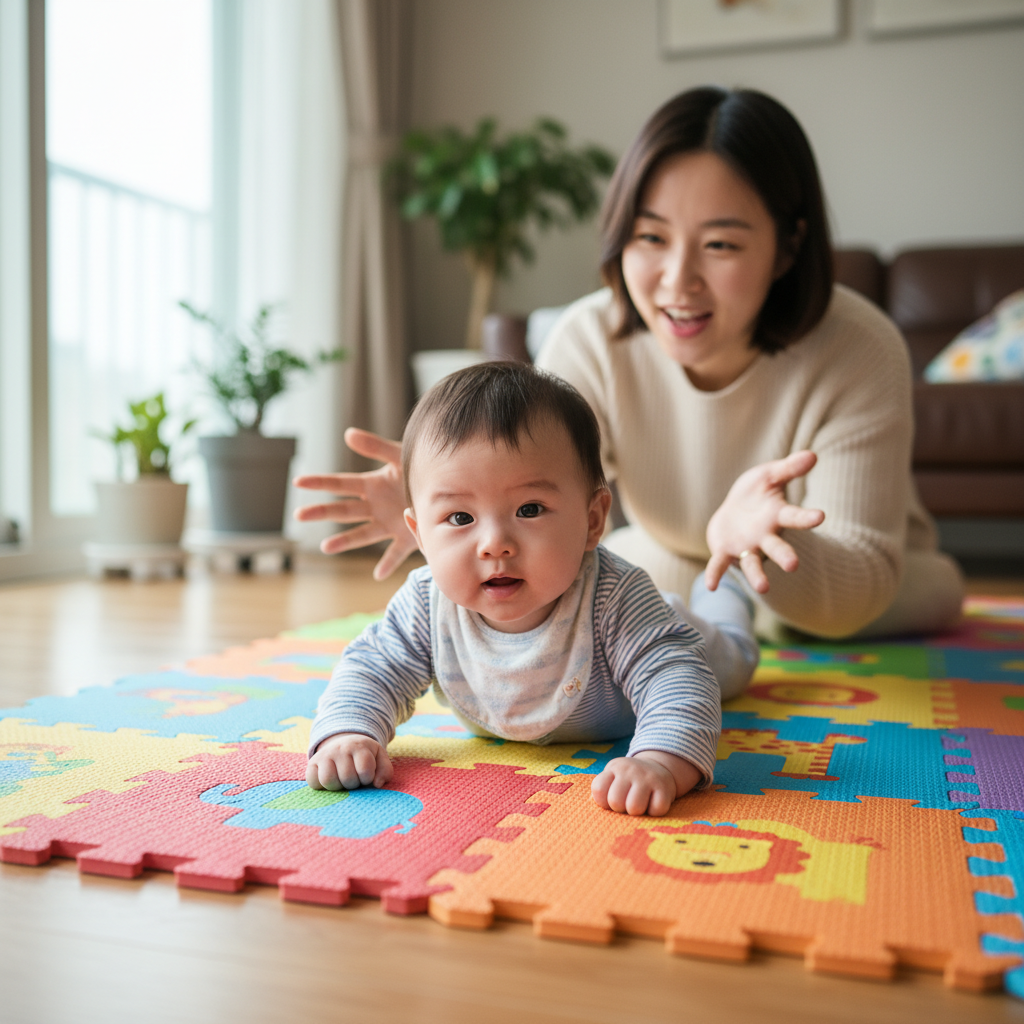 터미타임을 하는 아기와 엄마