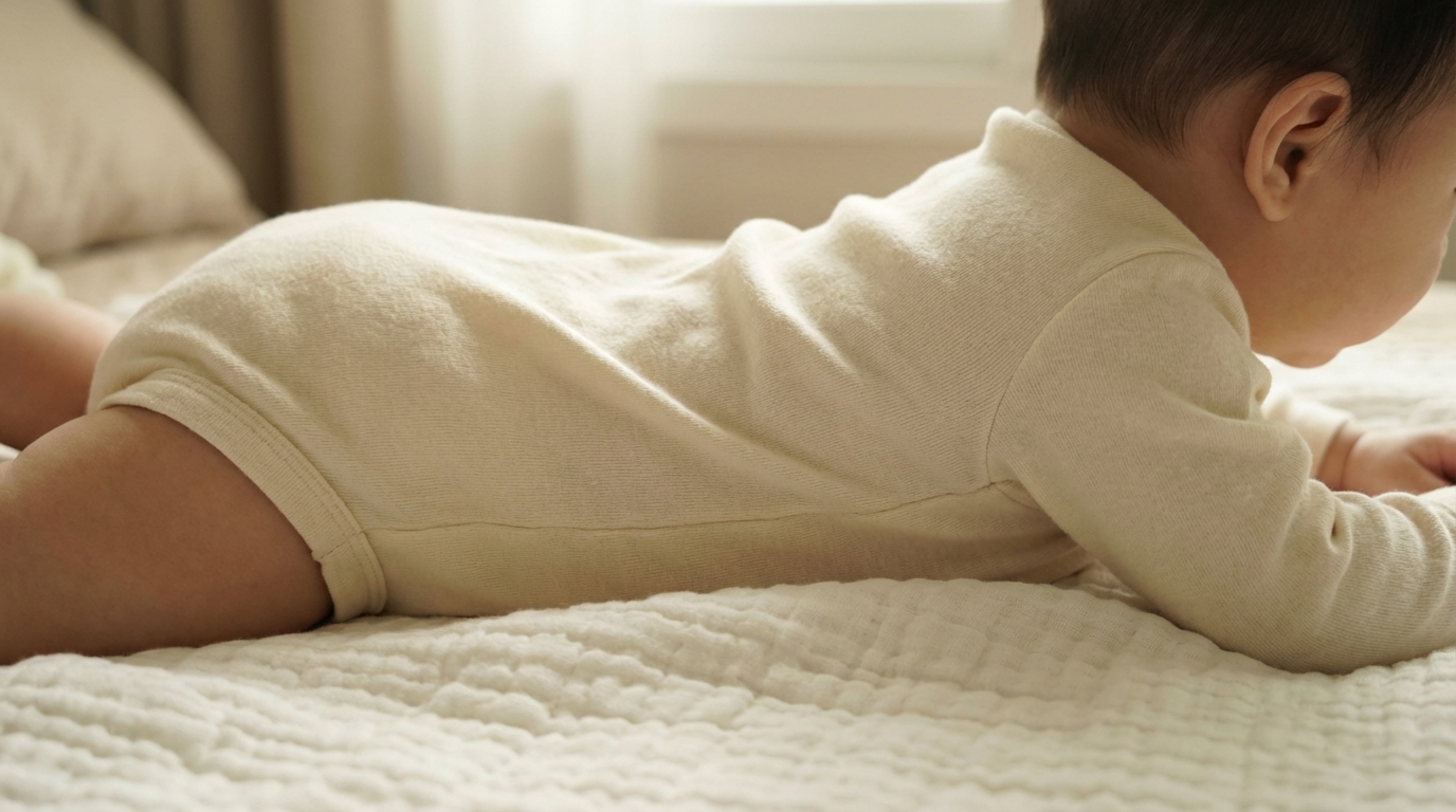 터미타임 중 복부 호흡을 보이는 아기