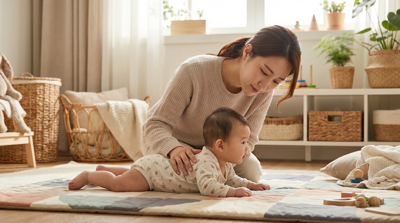 터미타임 중 아기의 호흡을 확인하는 엄마