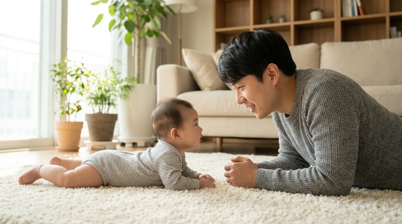 아기와 함께 터미타임을 하는 아빠
