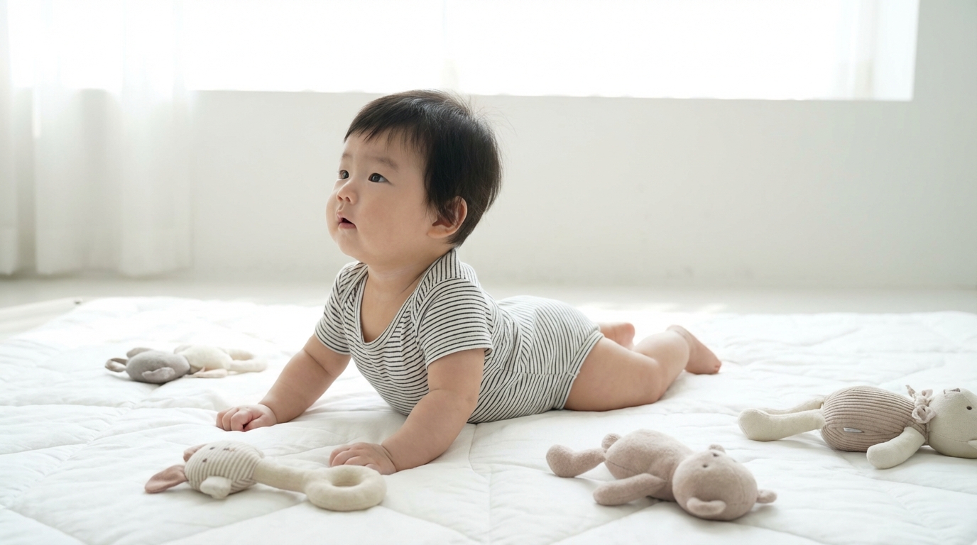 올바른 자세로 터미타임을 하는 아기