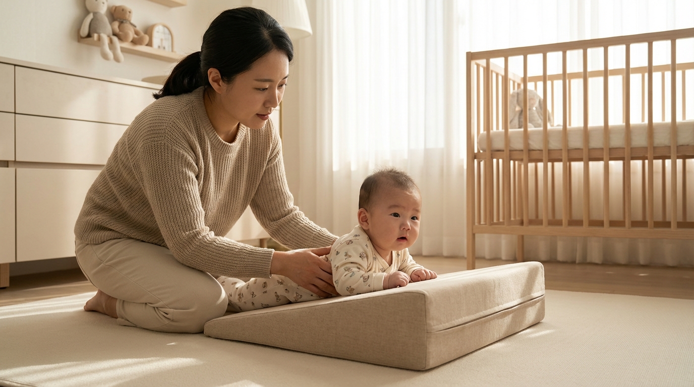 엄마의 도움으로 터미타임을 연습하는 아기