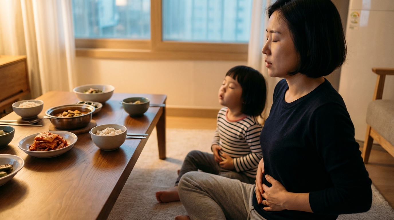 한국인 가족이 저녁 식사 전 호흡 운동하는 일상 모습
