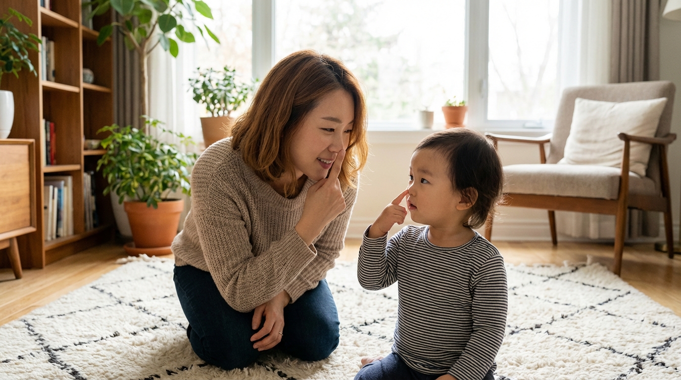 엄마가 아이에게 코 호흡을 가르치는 모습