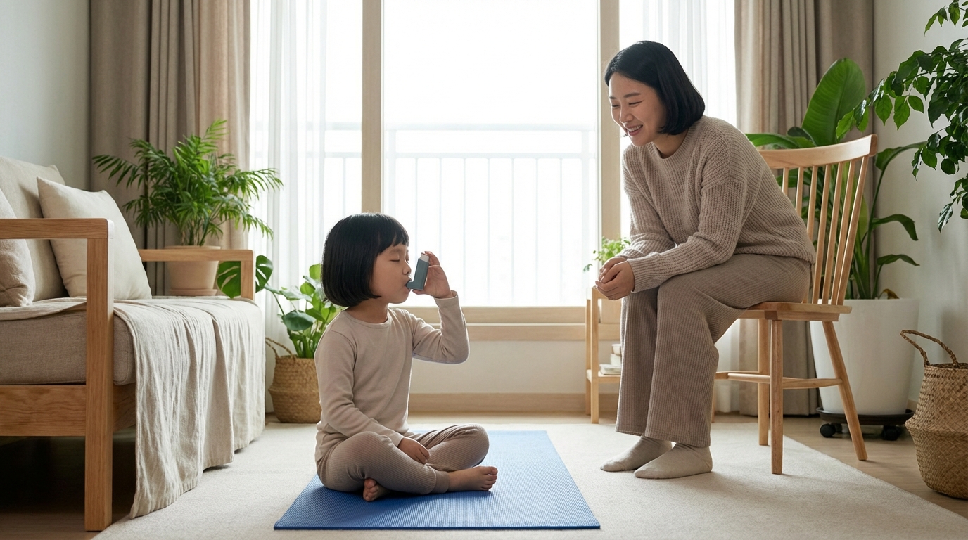아이가 인헤일러로 독립적으로 호흡 연습하는 모습