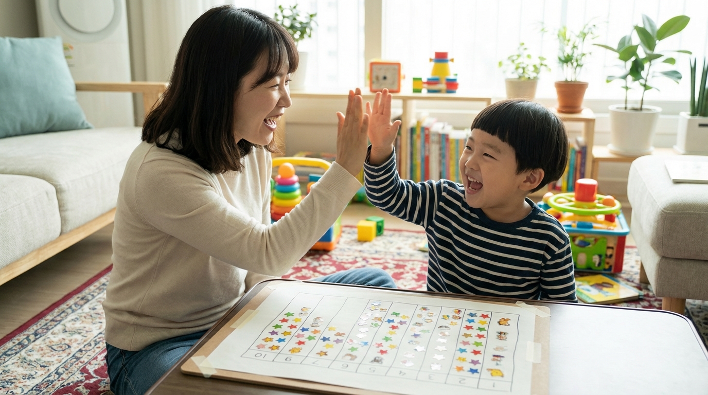 프로그램을 완료한 엄마와 아이가 하이파이브하는 모습
