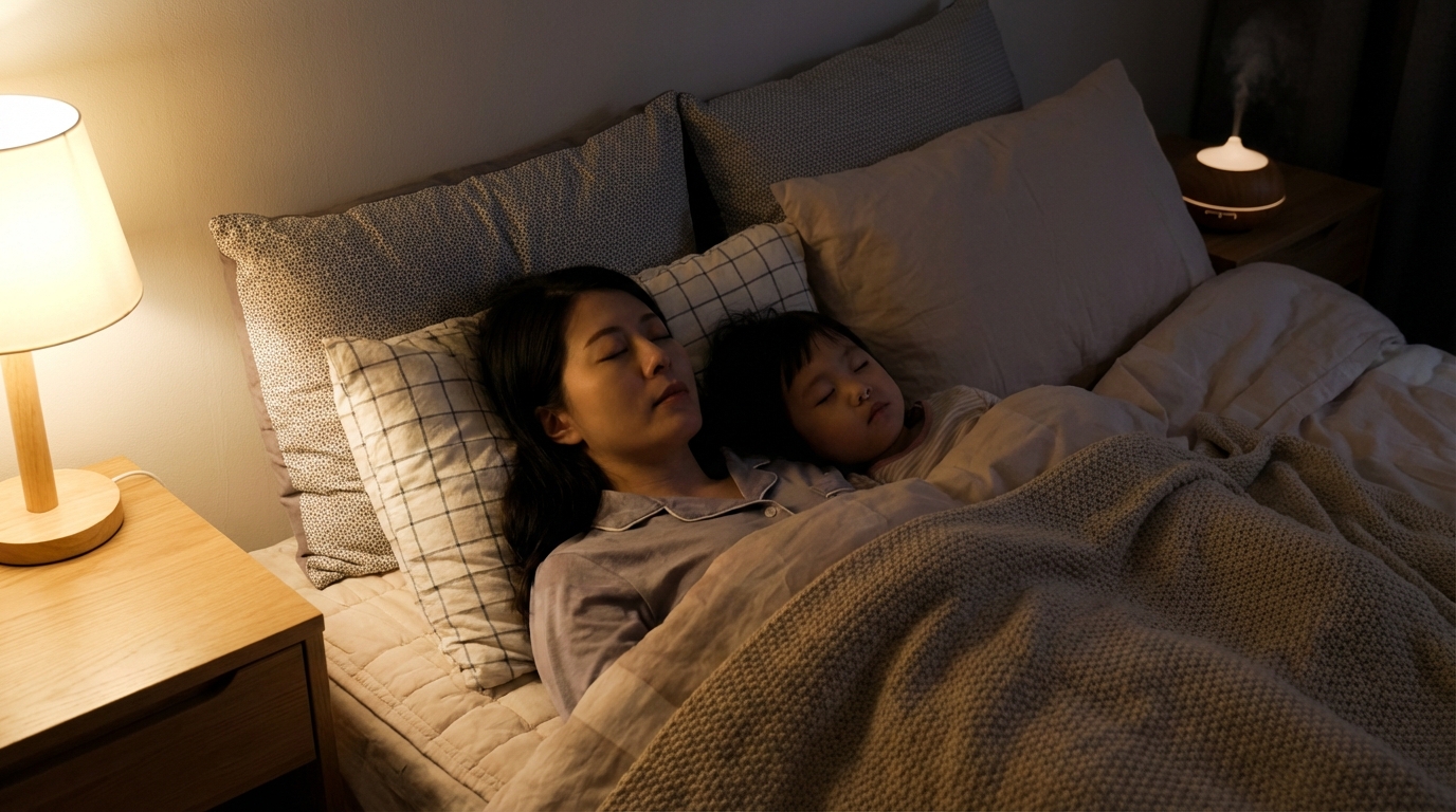엄마와 아이가 잠자리에서 코 호흡을 연습하는 모습