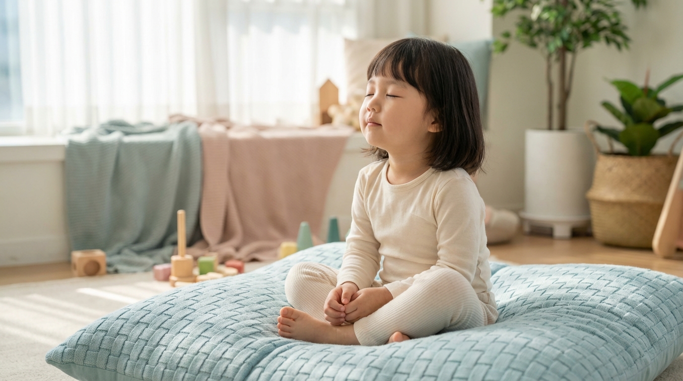 코 호흡으로 차분해진 아이가 편안하게 앉아 있는 모습