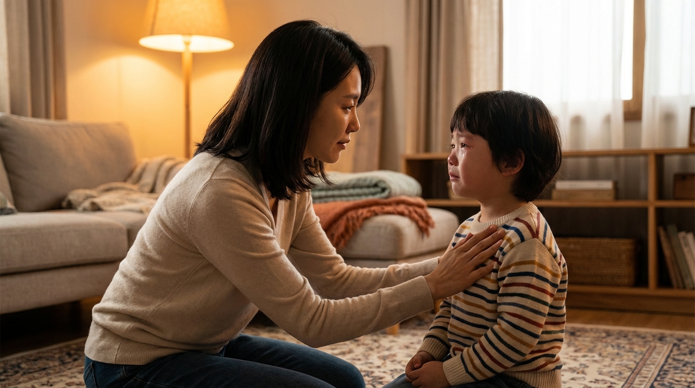 엄마가 우는 아이의 가슴에 손을 대고 호흡을 유도하는 모습