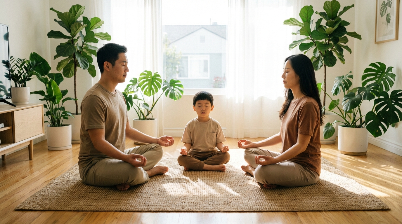 한국인 가족이 거실에서 함께 호흡 운동하는 모습