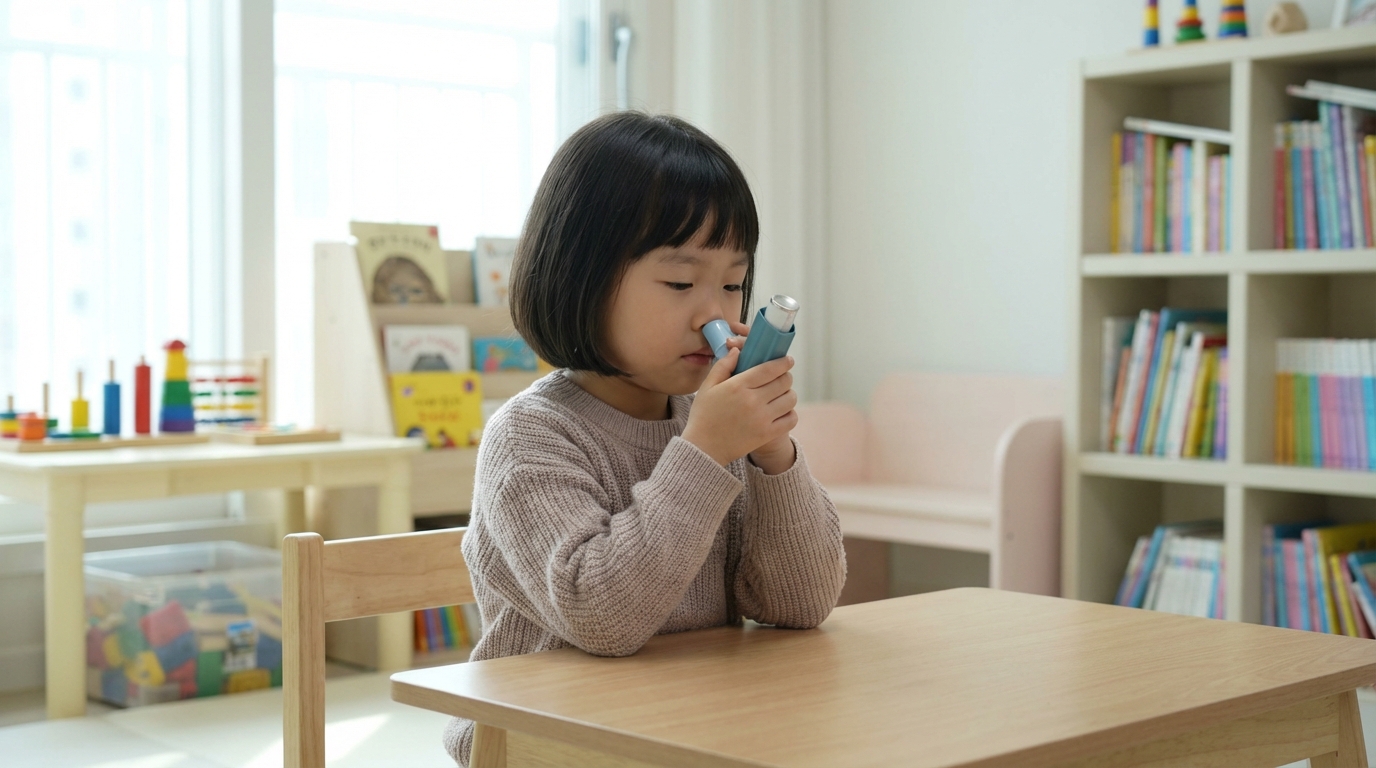 아이가 인헤일러로 스스로 진정하는 모습