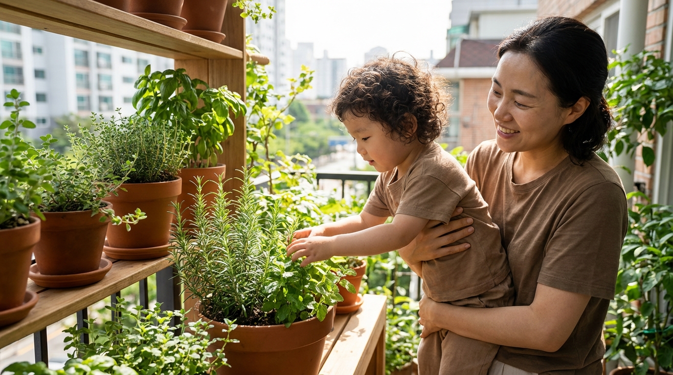 엄마와 아이가 허브 정원에서 향기를 맡는 모습