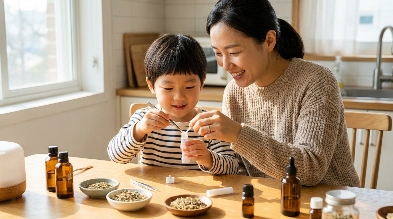 엄마와 아이가 함께 아로마 인헤일러를 만드는 모습