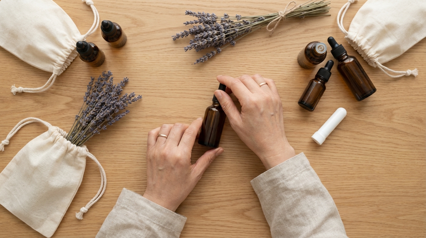 에센셜 오일과 인헤일러 재료가 테이블 위에 준비된 모습