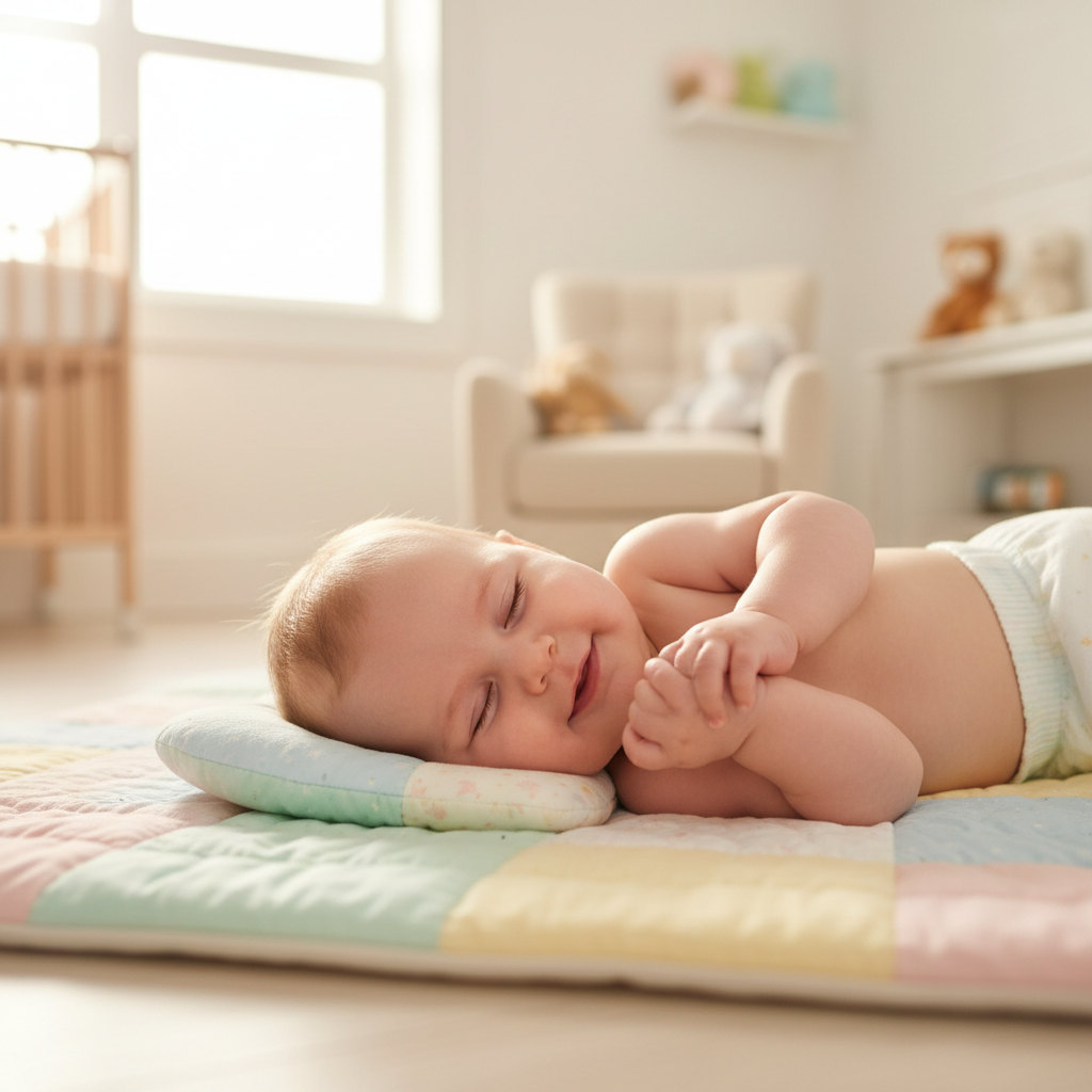 사이드라이잉 자세로 편안하게 누워있는 아기