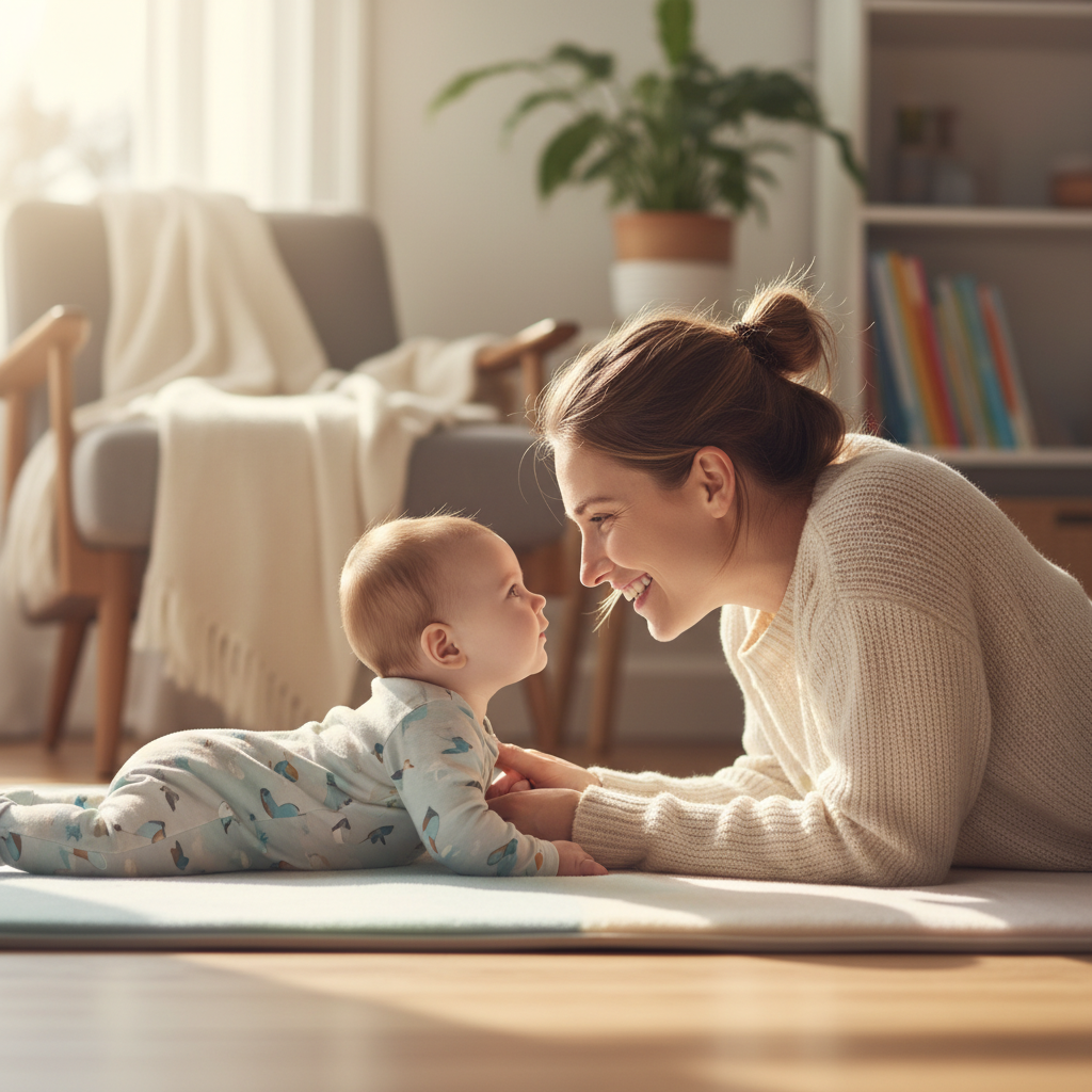 아기와 마주보며 사이드라이잉을 하는 부모